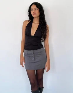 Motel Rocks Halterneck Tops-Cosimo Plunge Halterneck Top in Black Slinky BlackSlinky