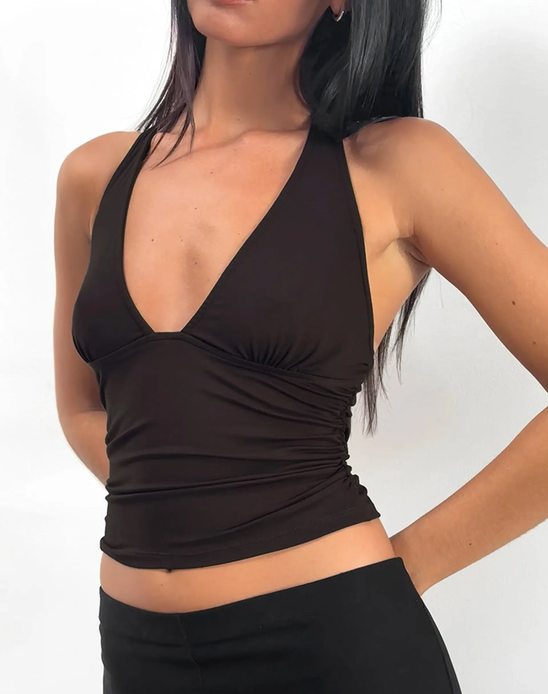 Motel Rocks Halterneck Tops-Cosmo Halterneck Top in Jersey Chocolate Brown JerseyChocolateBrown