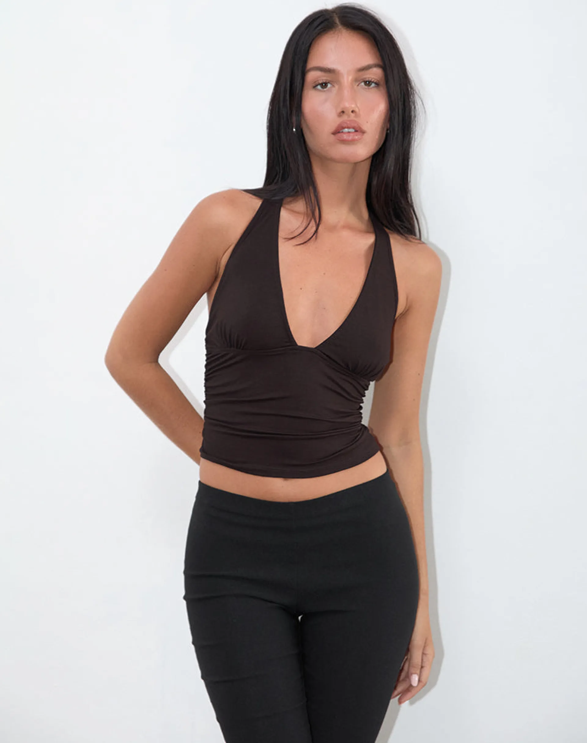 Motel Rocks Halterneck Tops-Cosmo Halterneck Top in Jersey Chocolate Brown JerseyChocolateBrown