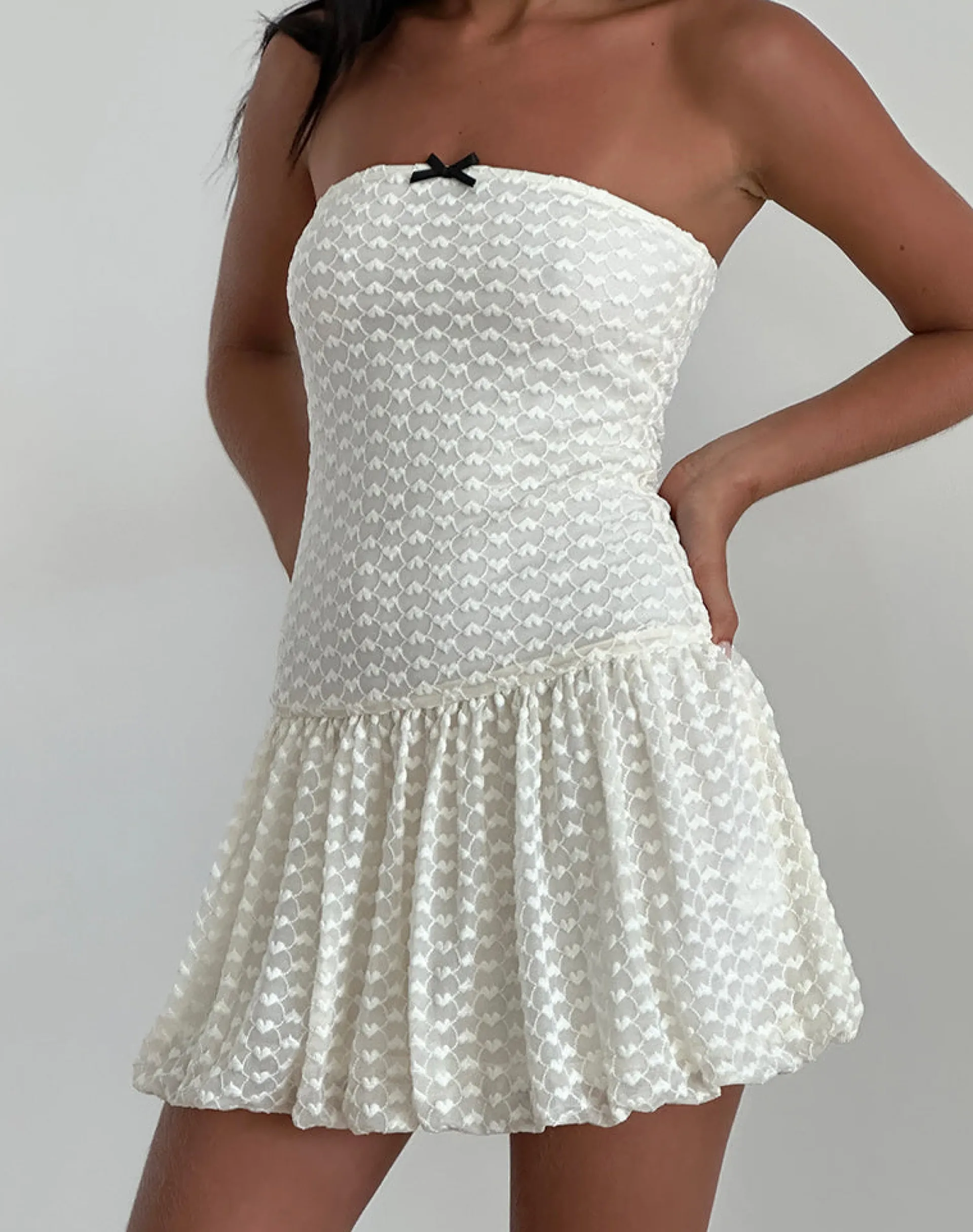 Motel Rocks Party Dresses-Cryolan Bandeau Mini Dress in Ivory Heart Lace ivoryheartlace