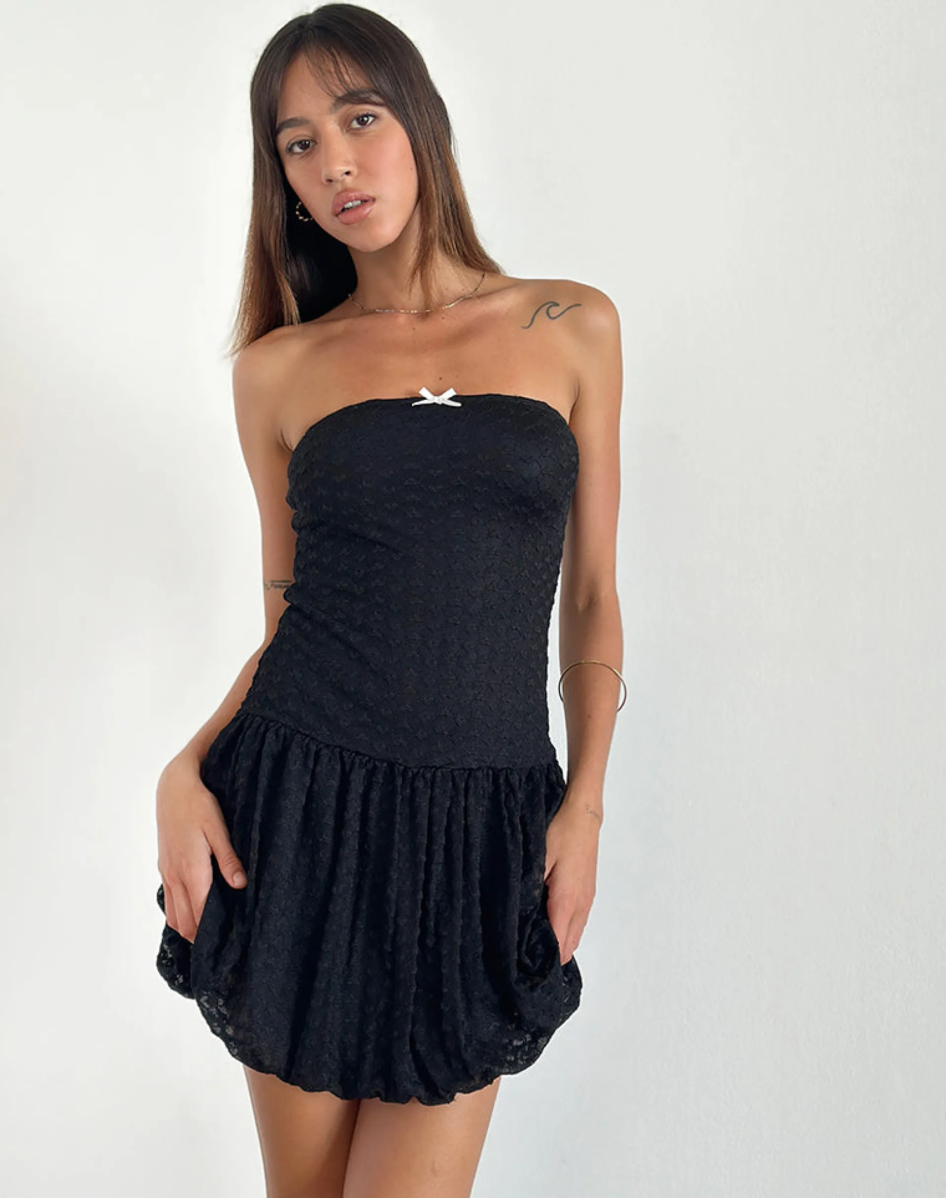 Motel Rocks Printed Dresses | Bandeau Dresses-Cryolan Bandeau Mini Dress in Black Heart Lace BlackHeartLace