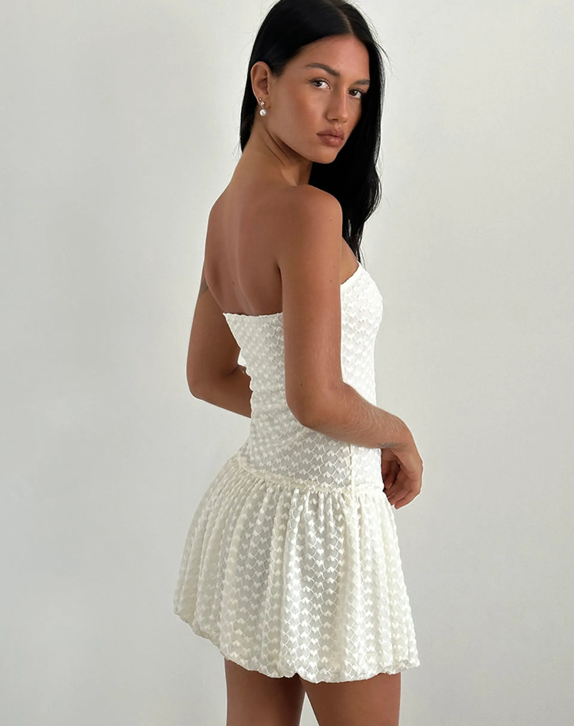 Motel Rocks Party Dresses-Cryolan Bandeau Mini Dress in Ivory Heart Lace ivoryheartlace