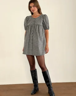Motel Rocks Tailoring | Printed Dresses-Cybera Mini Dress in Tonal Gingham Black and Grey