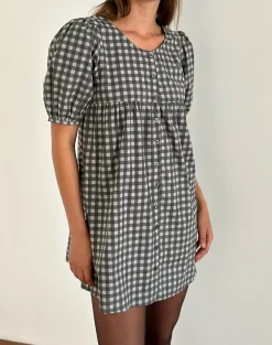 Motel Rocks Tailoring | Printed Dresses-Cybera Mini Dress in Tonal Gingham Black and Grey