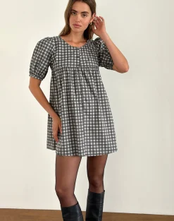 Motel Rocks Tailoring | Printed Dresses-Cybera Mini Dress in Tonal Gingham Black and Grey