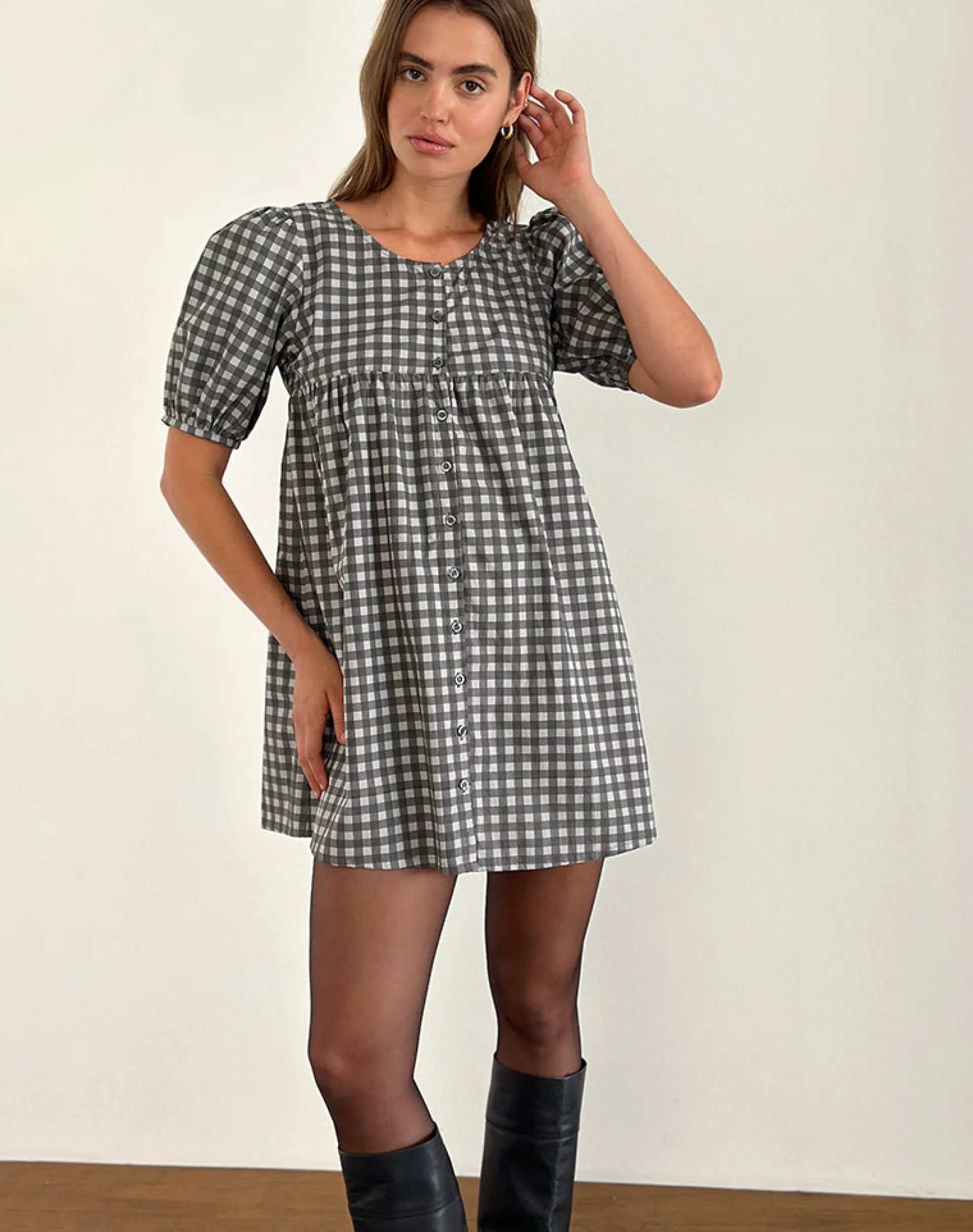 Motel Rocks Tailoring | Printed Dresses-Cybera Mini Dress in Tonal Gingham Black and Grey