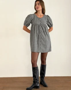 Motel Rocks Tailoring | Printed Dresses-Cybera Mini Dress in Tonal Gingham Black and Grey
