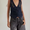 Motel Rocks Tailoring | Vest Tops-Cyna Button Through Vest in Tapshoe with Rose Embroidery TapshoewithRoseEmbroidery
