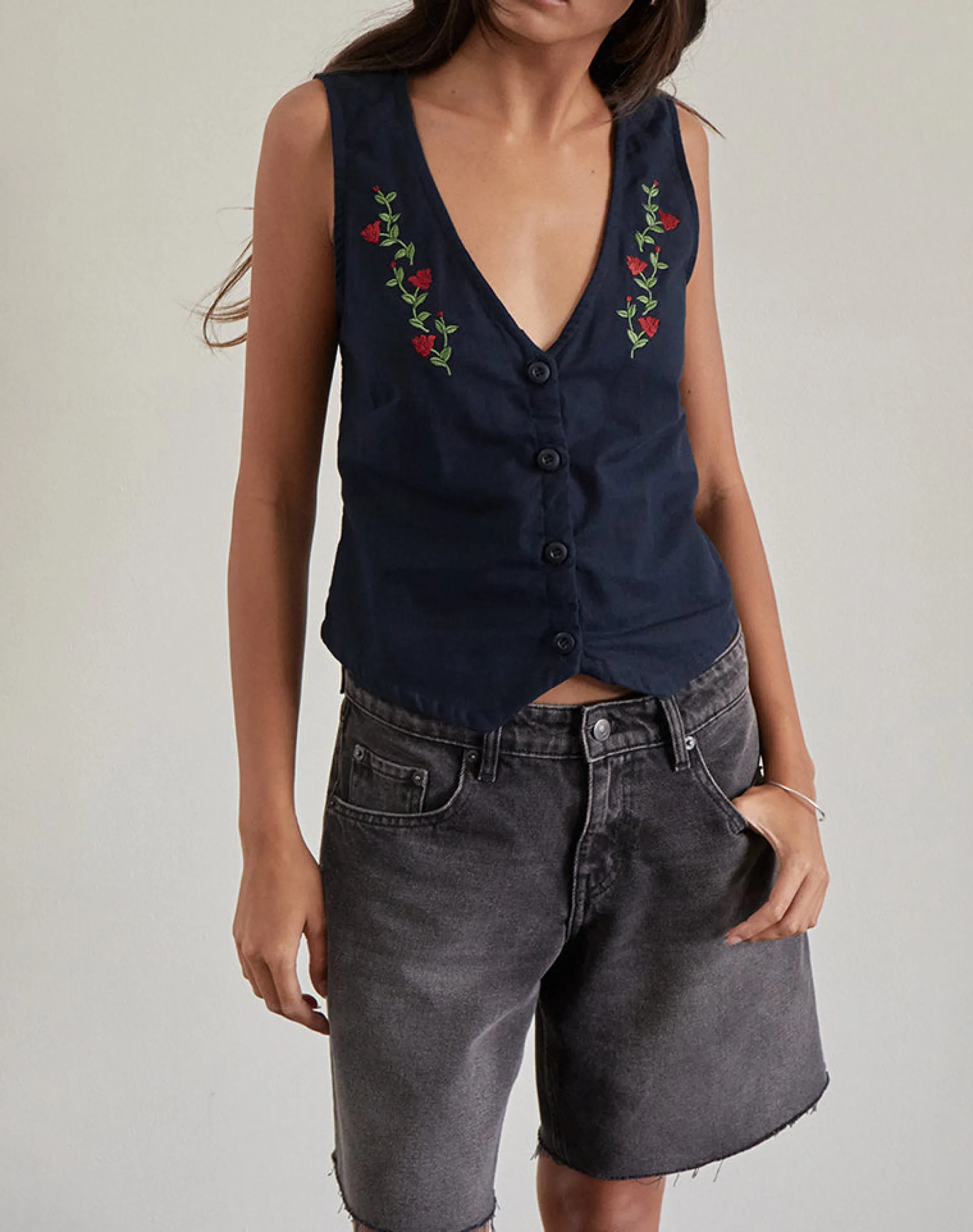 Motel Rocks Tailoring | Vest Tops-Cyna Button Through Vest in Tapshoe with Rose Embroidery TapshoewithRoseEmbroidery