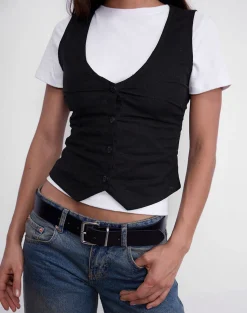 Motel Rocks Tailoring | Co-Ords-Cyna Button Through Vest Top in Black Linen BlackLinen