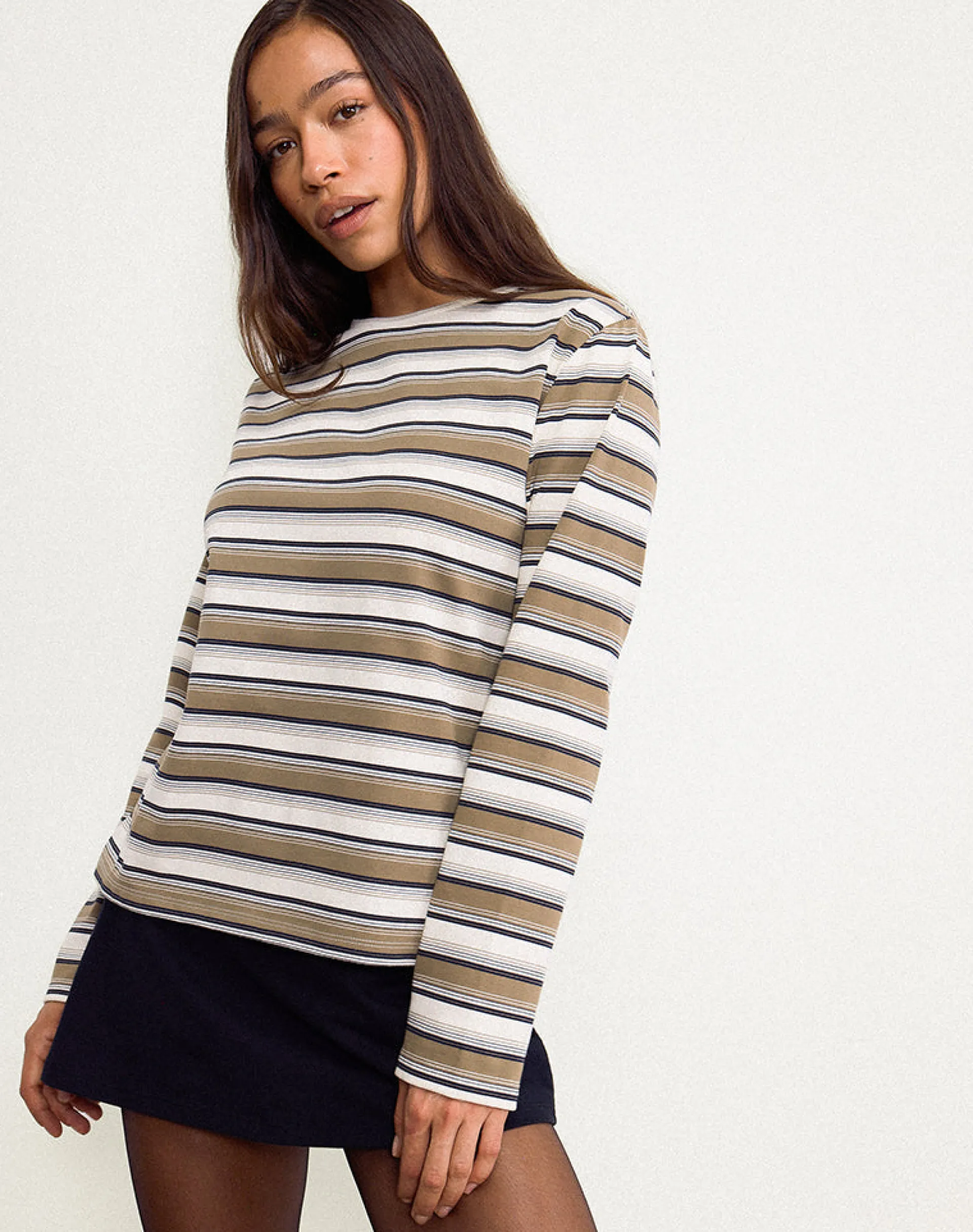 Motel Rocks Basics | Basic Tops-Dafika Long Sleeve Jersey Top in Brown and White Stripe
