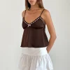 Motel Rocks Corset Tops | Lace Tops-Dalinda Cami Top in Brown with Pink Rosette BrownwithPinkRosette