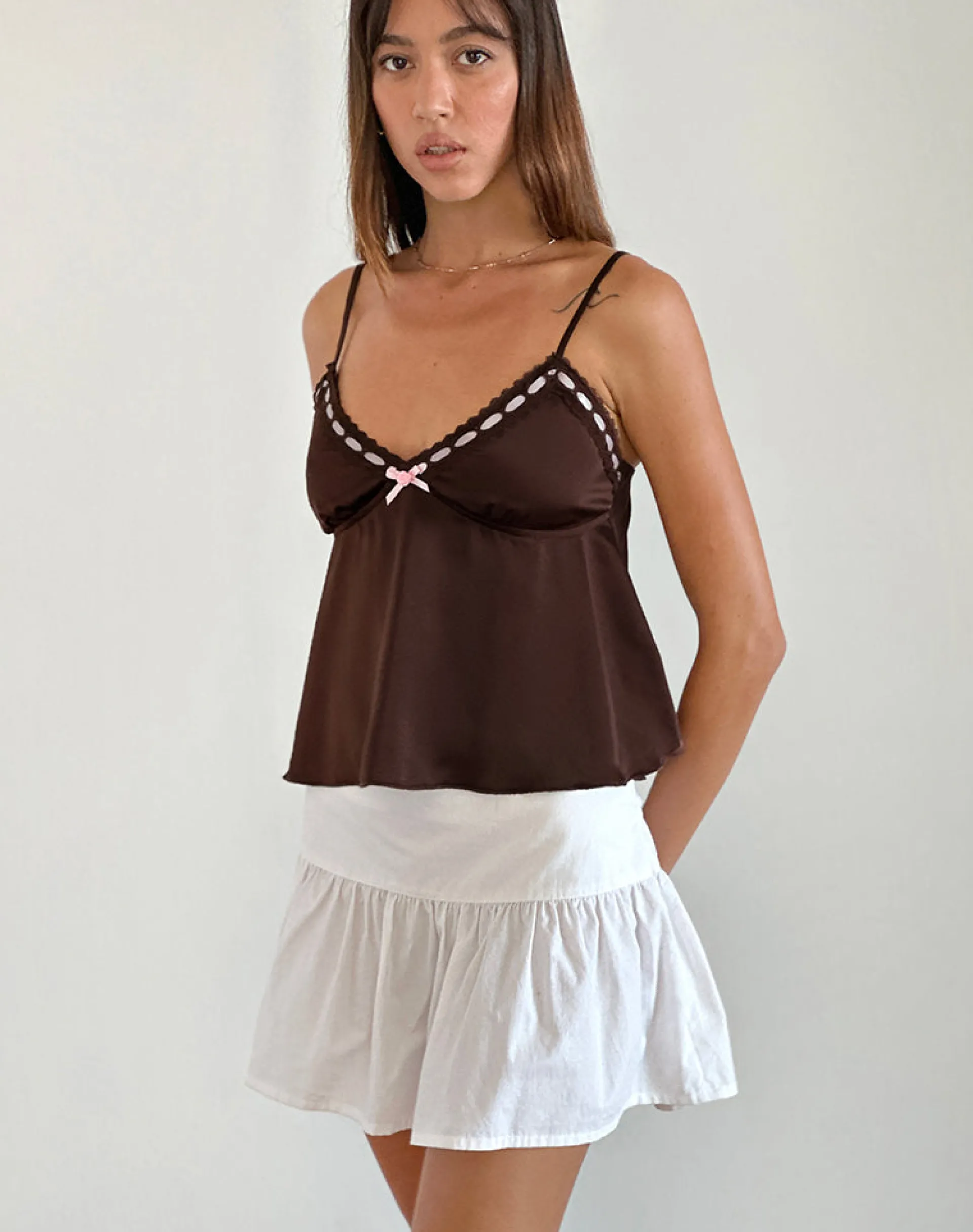 Motel Rocks Corset Tops | Lace Tops-Dalinda Cami Top in Brown with Pink Rosette BrownwithPinkRosette