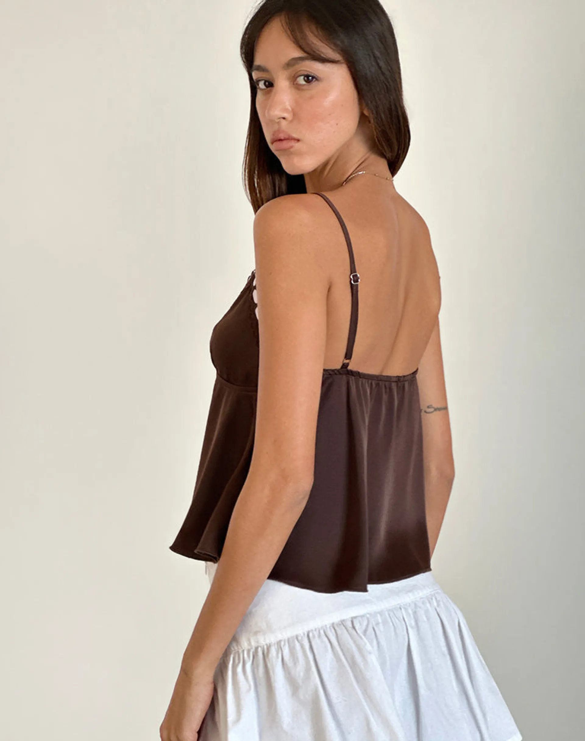 Motel Rocks Corset Tops | Lace Tops-Dalinda Cami Top in Brown with Pink Rosette BrownwithPinkRosette