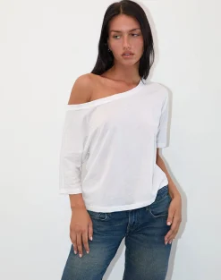 Motel Rocks Loungewear | Basic Tops-Daman Off Shoulder Basic Jersey Top in White