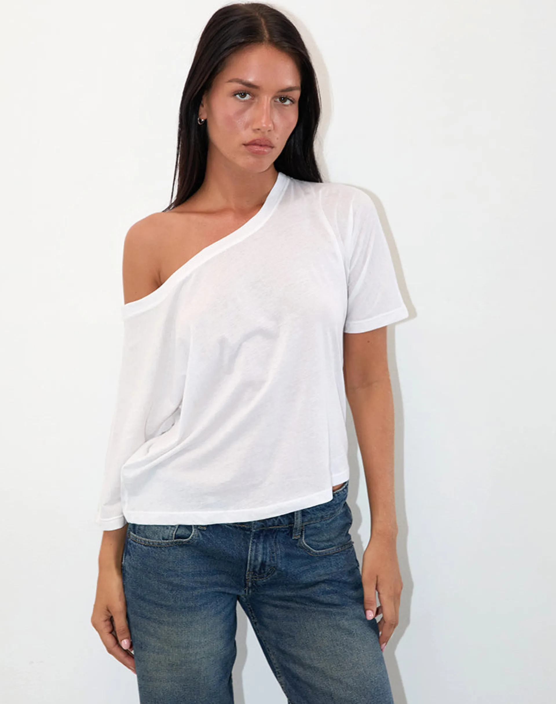 Motel Rocks Loungewear | Basic Tops-Daman Off Shoulder Basic Jersey Top in White