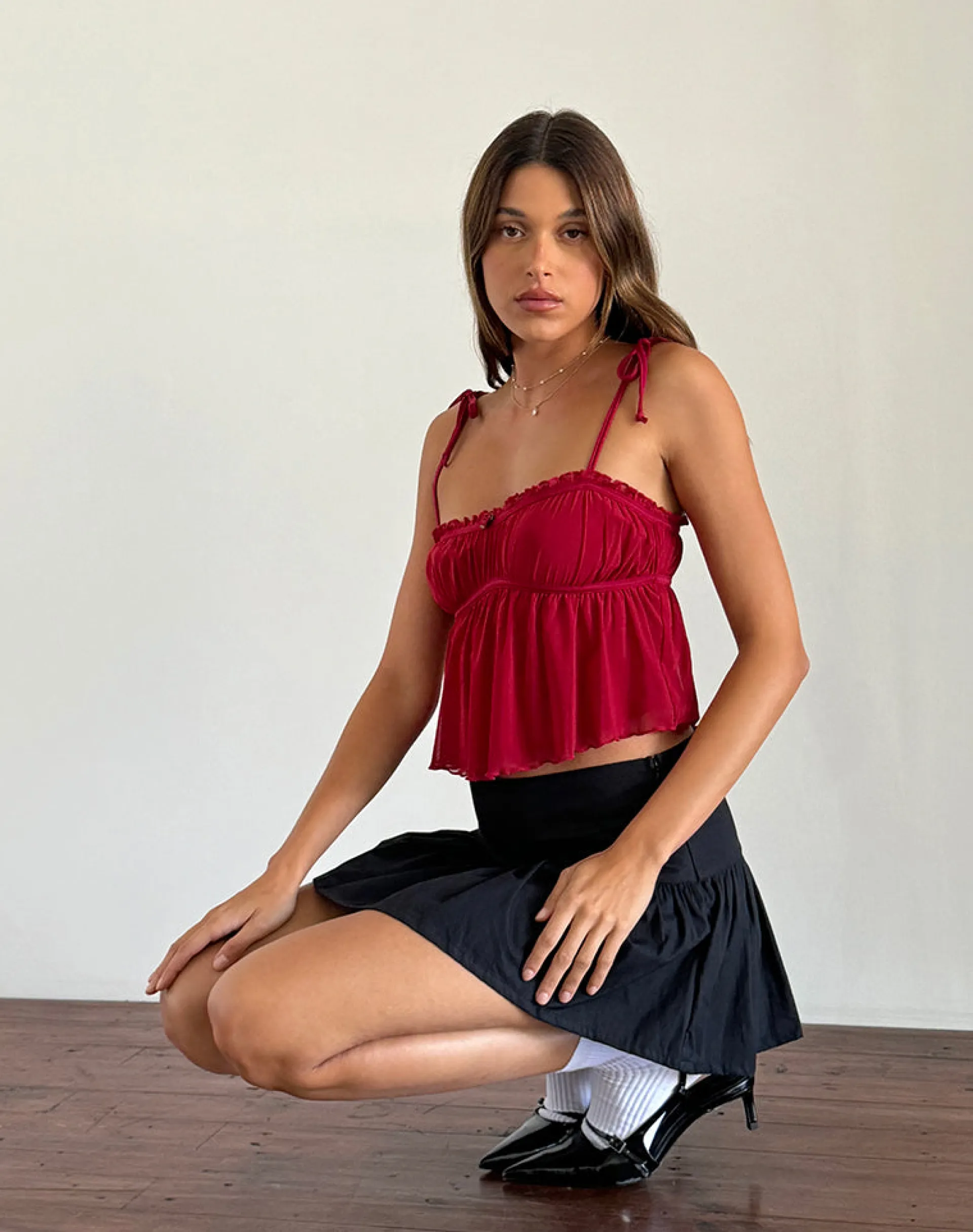 Motel Rocks Strappy Tops | Crop Tops-Damaris Cami Top in Red Cherry with Red Binding RedCherrywithRedBinding