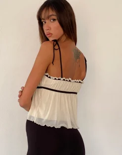 Motel Rocks Strappy Tops-Damaris Frill Cami Top in Cream with Black Centre Bow CreamwithBlackCentreBow