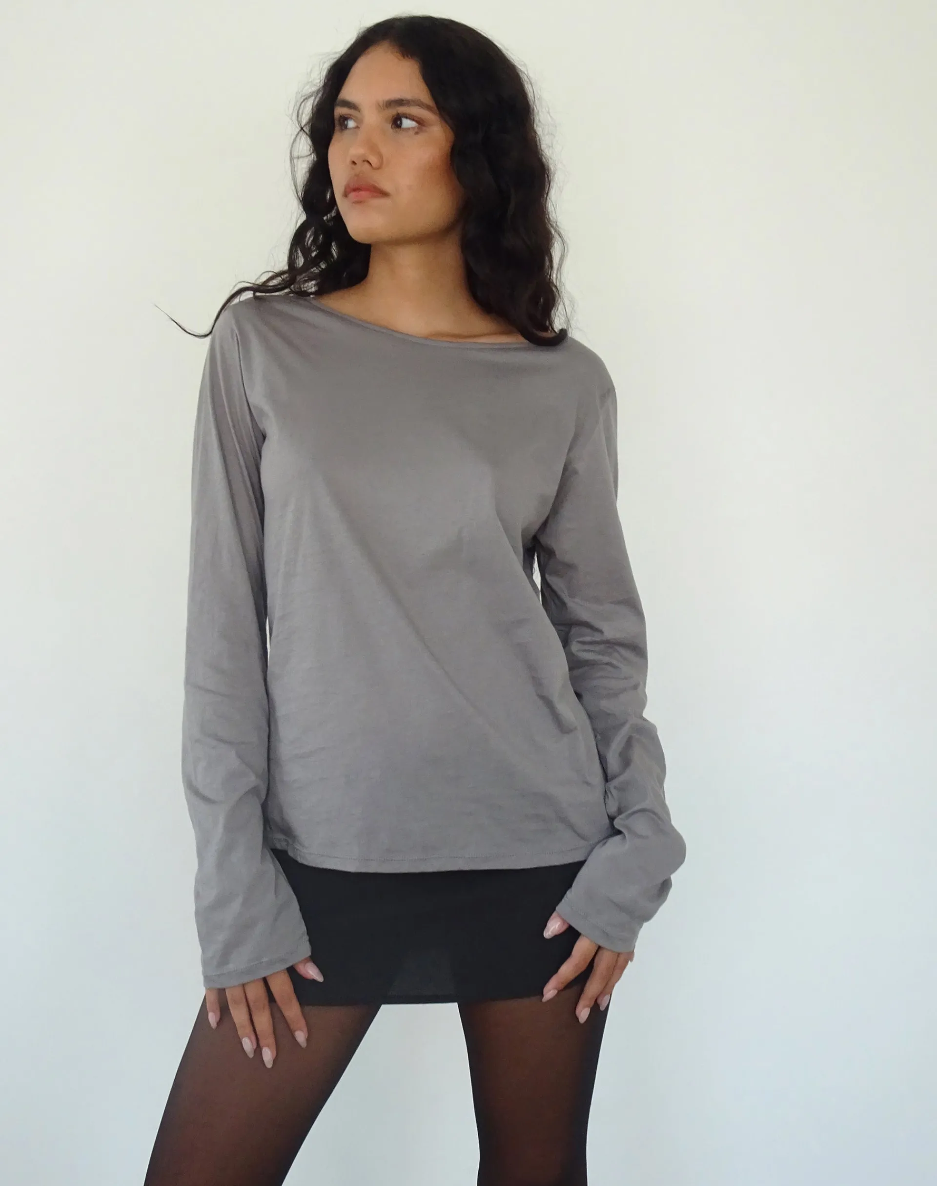 Motel Rocks Basics | Basic Tops-Damon Baggy Long Sleeve Top in Elephant Grey Tissue Jersey ElephantGreyTissueJersey
