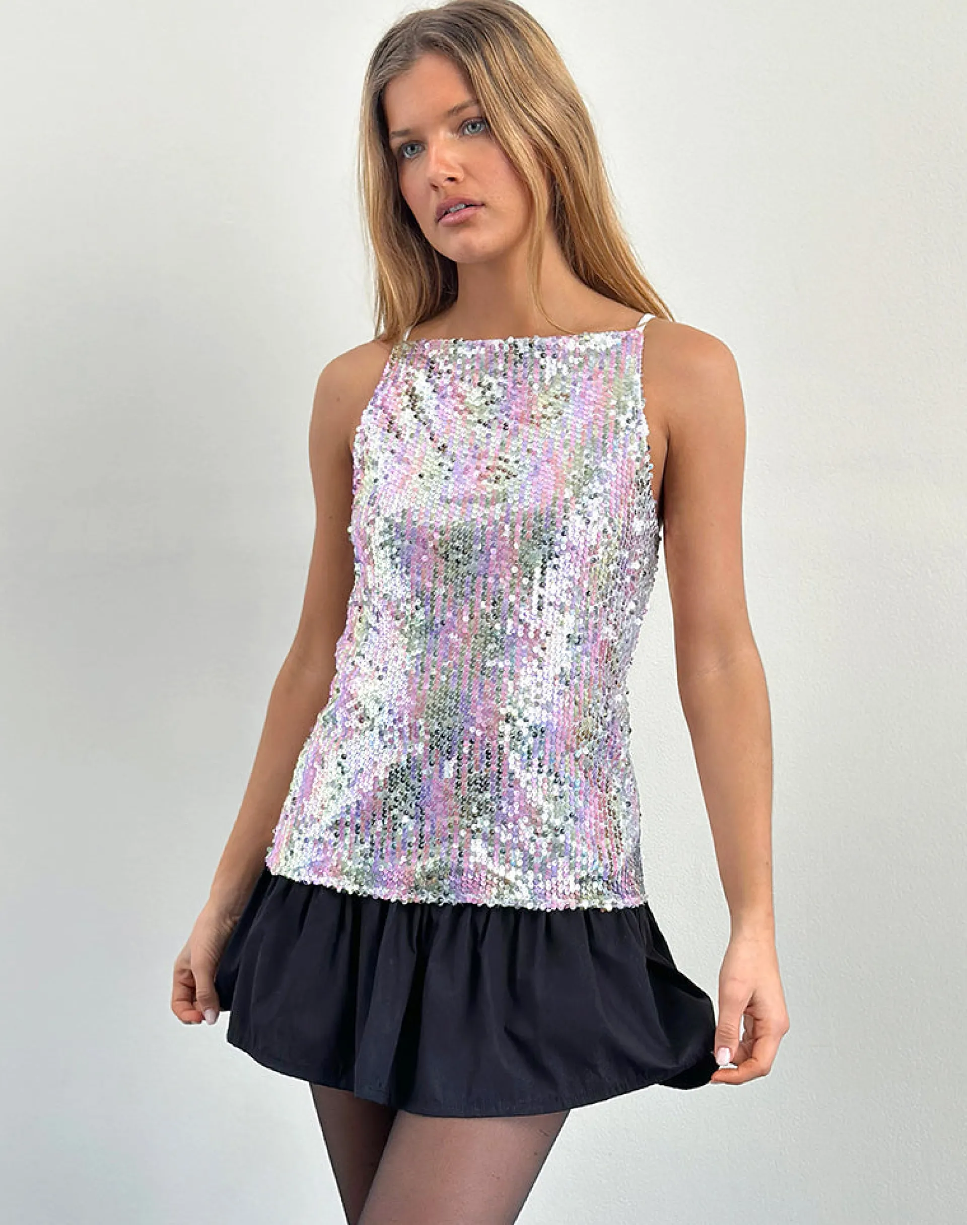 Motel Rocks Vest Tops | Strappy Tops-Damske Vest Top in Clear Sequin Iridescent ClearSequinIridescent