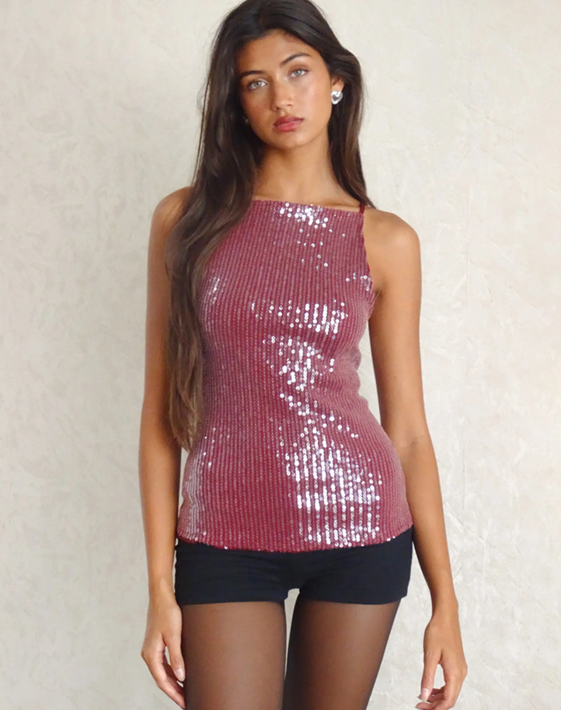 Motel Rocks Vest Tops | Sequin Tops-Damske Vest Top in Clear Sequin Maroon ClearSequinMaroon