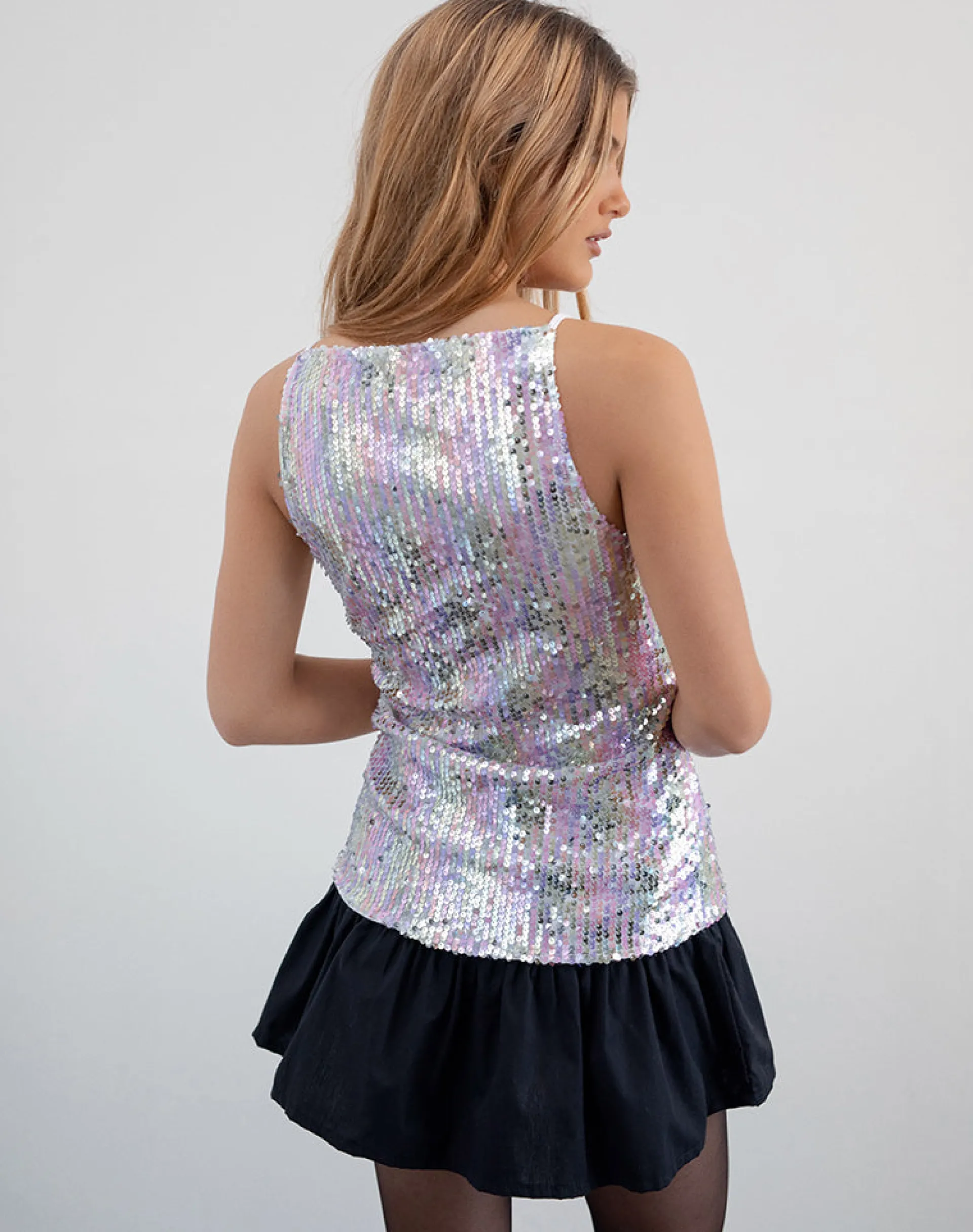 Motel Rocks Vest Tops | Strappy Tops-Damske Vest Top in Clear Sequin Iridescent ClearSequinIridescent