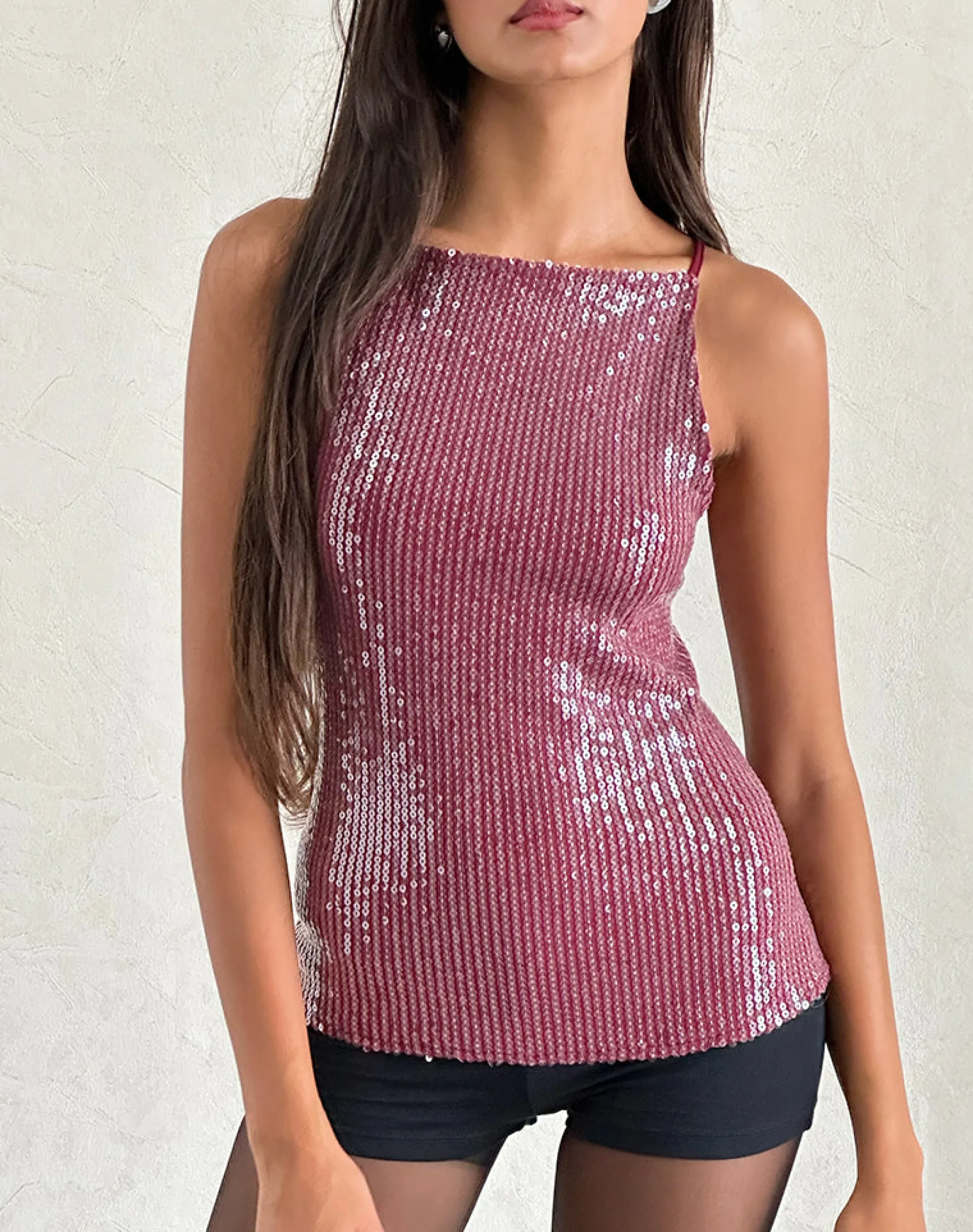 Motel Rocks Vest Tops | Sequin Tops-Damske Vest Top in Clear Sequin Maroon ClearSequinMaroon