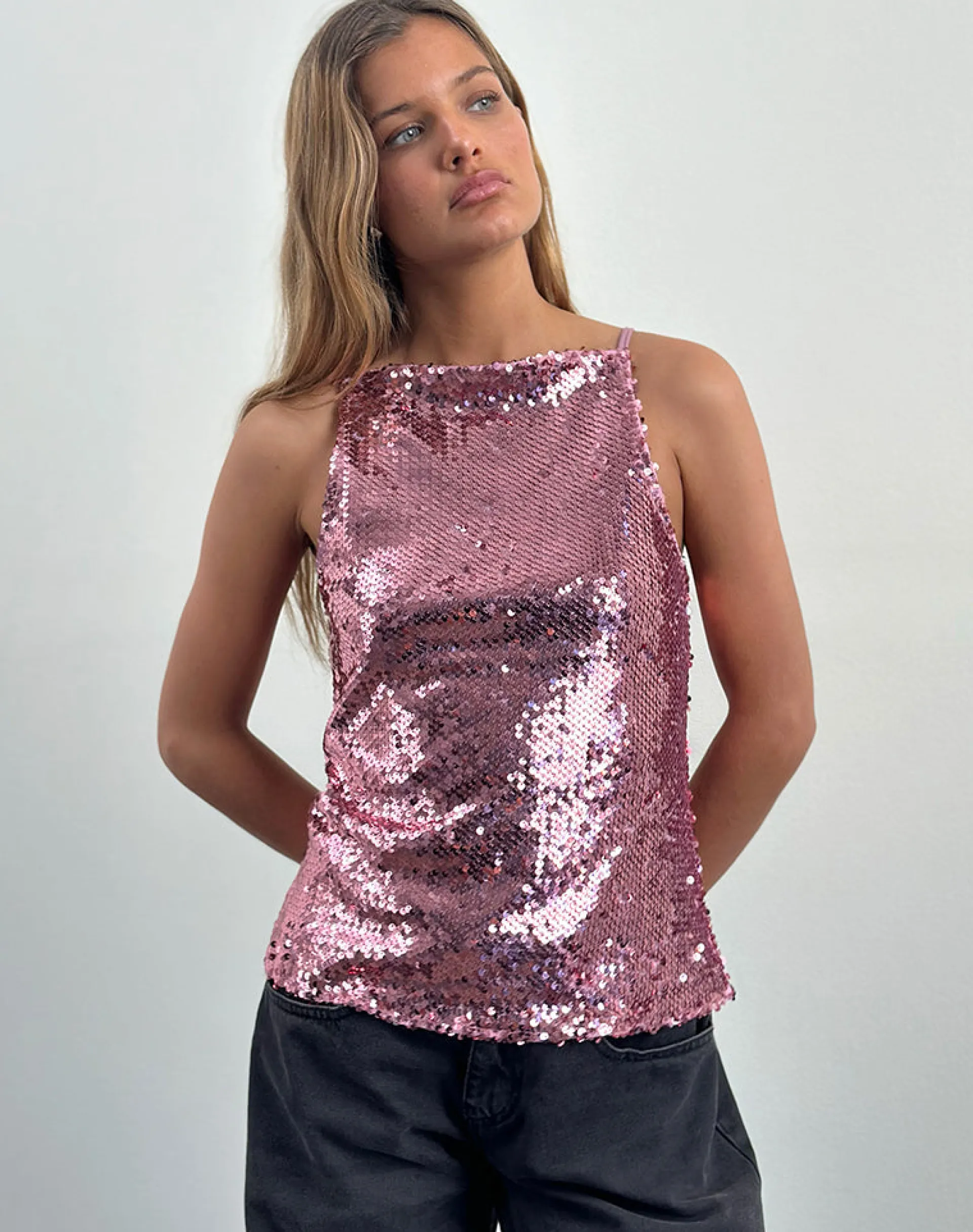 Motel Rocks Vest Tops | Sequin Tops-Damske Vest Top in Pink Sequin PinkSequin