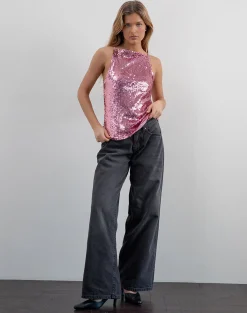 Motel Rocks Vest Tops | Sequin Tops-Damske Vest Top in Pink Sequin PinkSequin