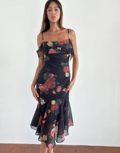 Motel Rocks Printed Dresses | Party Dresses-Dansya Midi Dress in Renaissance Rose Black RenaissanceRoseBlack