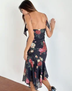 Motel Rocks Printed Dresses | Party Dresses-Dansya Midi Dress in Renaissance Rose Black RenaissanceRoseBlack