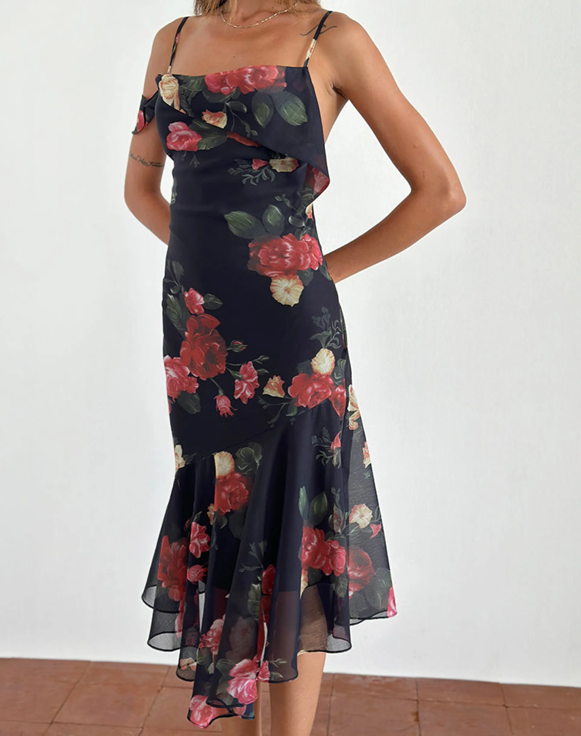 Motel Rocks Printed Dresses | Party Dresses-Dansya Midi Dress in Renaissance Rose Black RenaissanceRoseBlack