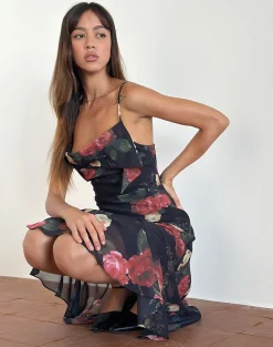 Motel Rocks Printed Dresses | Party Dresses-Dansya Midi Dress in Renaissance Rose Black RenaissanceRoseBlack
