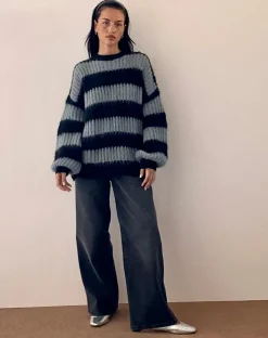 Motel Rocks Jumpers-Daren Jumper in Grey and Charcoal Stripes GreyandCharcoalStripes