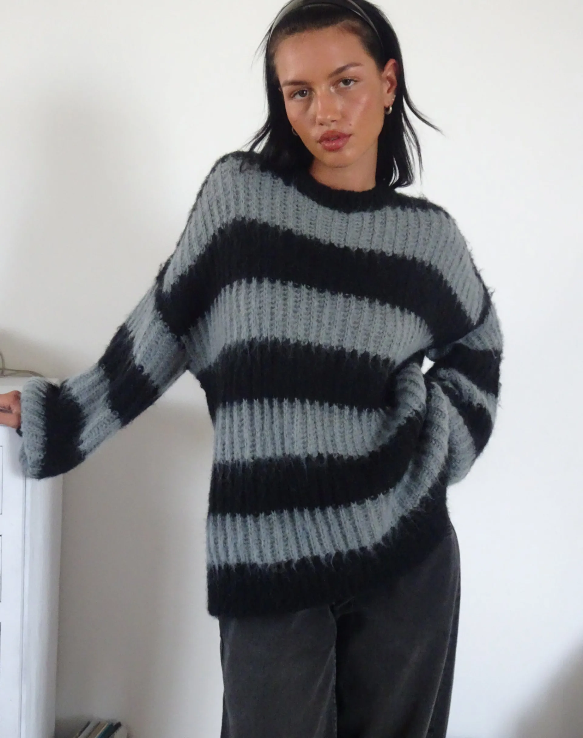 Motel Rocks Jumpers-Daren Jumper in Grey and Charcoal Stripes GreyandCharcoalStripes