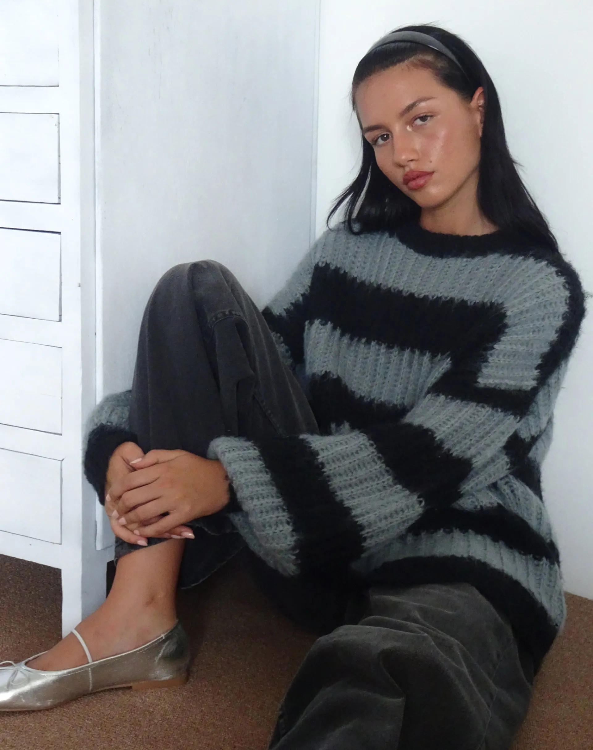 Motel Rocks Jumpers-Daren Jumper in Grey and Charcoal Stripes GreyandCharcoalStripes