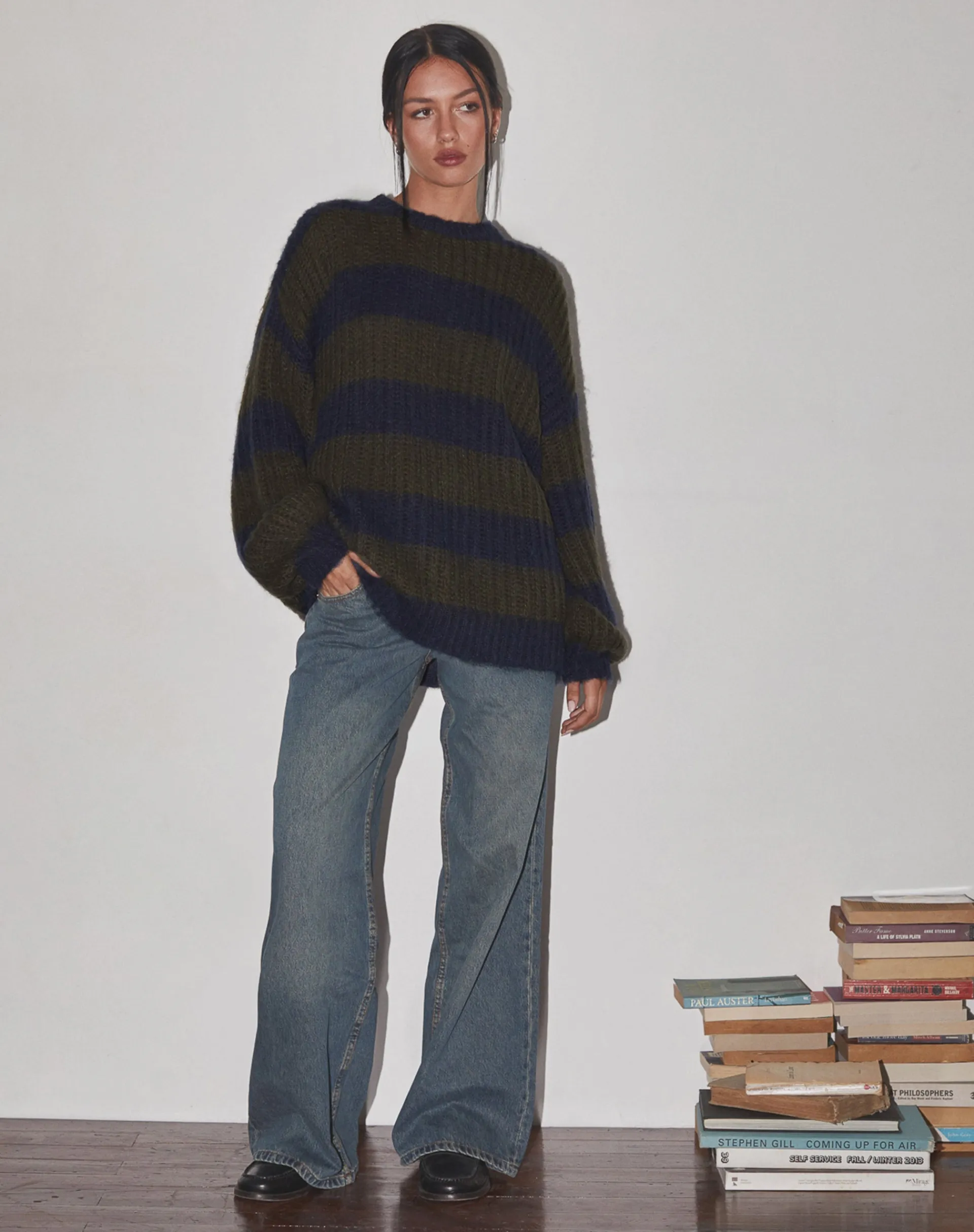 Motel Rocks Basics | Jumpers-Daren Knitted Oversized Jumper in Khaki and Navy Blue Stripe KhakiandNavyBlueStripe