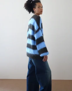 Motel Rocks Jumpers-Daren Knitted Oversized Jumper in Brown and Blue Stripe BrownandBlueStripe