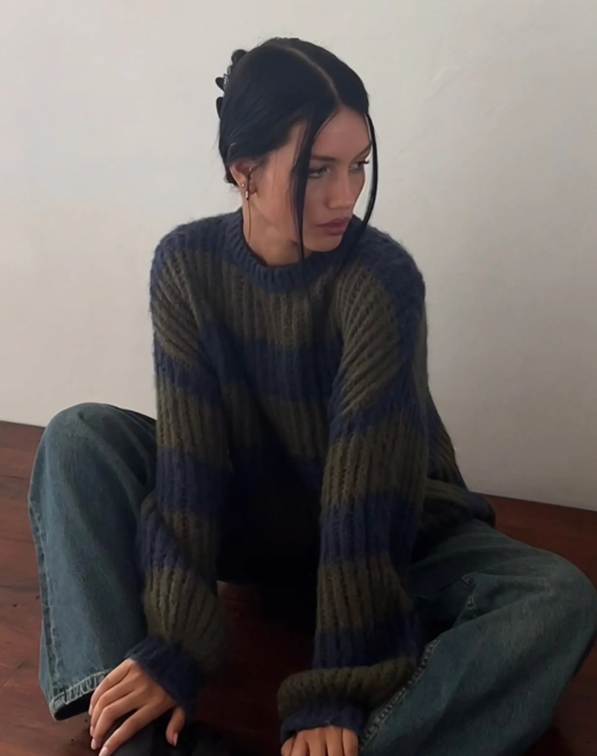 Motel Rocks Basics | Jumpers-Daren Knitted Oversized Jumper in Khaki and Navy Blue Stripe KhakiandNavyBlueStripe