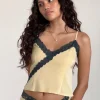 Motel Rocks Co-Ords | Strappy Tops-Darena Cami Top in Buttermilk with Grey Lace