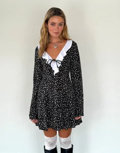 Motel Rocks Printed Dresses | Day Dresses-Darira Long Sleeve Mini Dress in Ditsy Romance Black