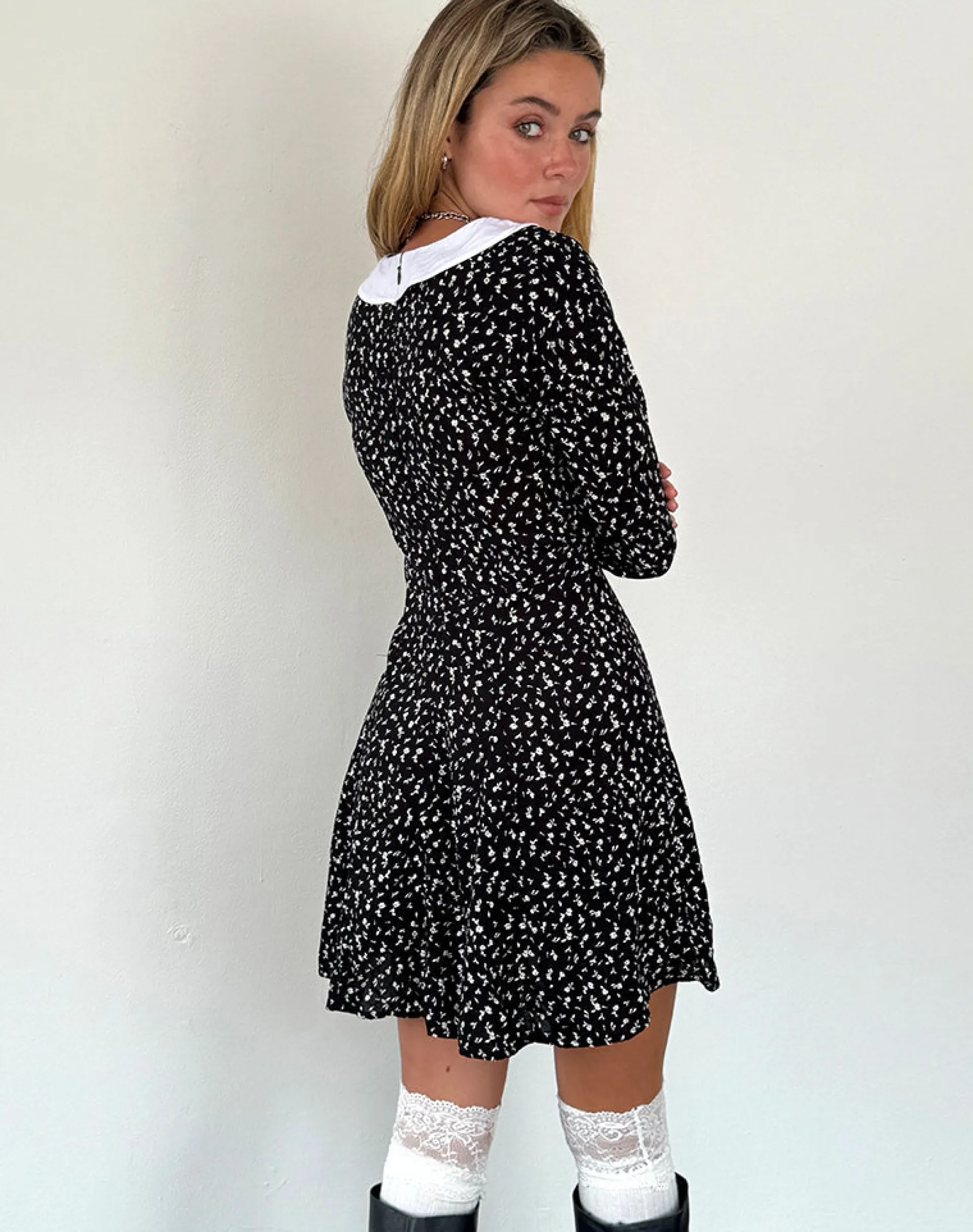 Motel Rocks Printed Dresses | Day Dresses-Darira Long Sleeve Mini Dress in Ditsy Romance Black