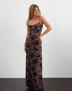 Motel Rocks Bodycon Dresses | Maxi Dresses-Darsih Cami Maxi Dress in Floral Flock Brown FloralFlockBrown