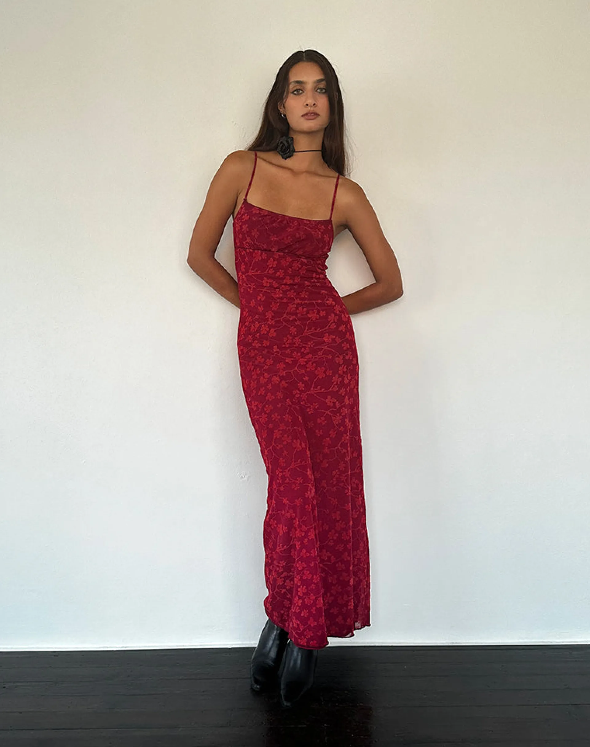 Motel Rocks Printed Dresses | Day Dresses-Darsih Cami Maxi Dress Red Grunge Floral Flock RedGrungeFloralFlock