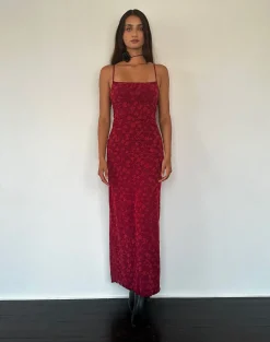 Motel Rocks Printed Dresses | Day Dresses-Darsih Cami Maxi Dress Red Grunge Floral Flock RedGrungeFloralFlock