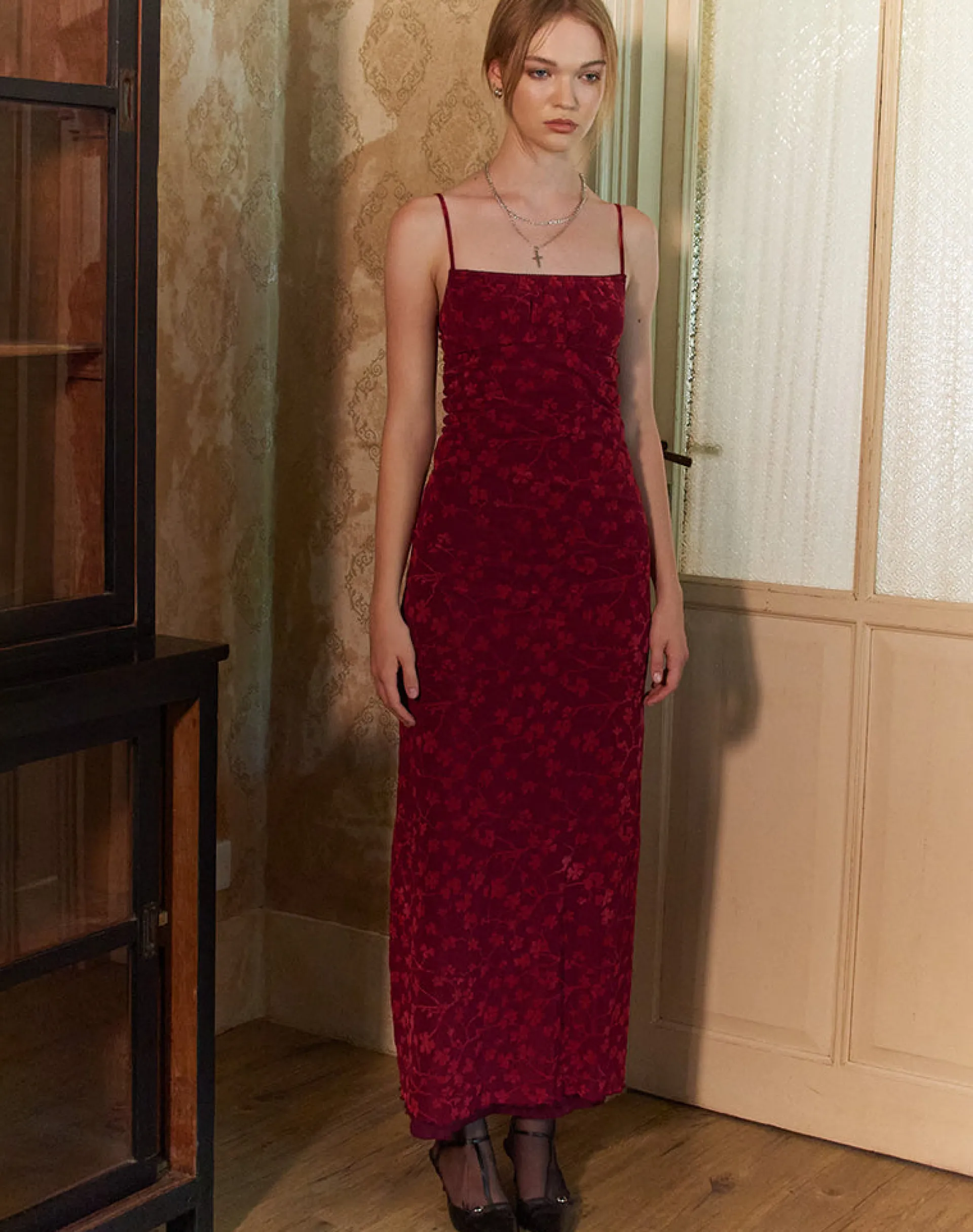 Motel Rocks Printed Dresses | Day Dresses-Darsih Cami Maxi Dress Red Grunge Floral Flock RedGrungeFloralFlock