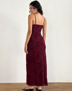 Motel Rocks Printed Dresses | Bodycon Dresses-Darsih Maxi Dress in Botanical Flower Maroon BotanicalFlowerMaroon