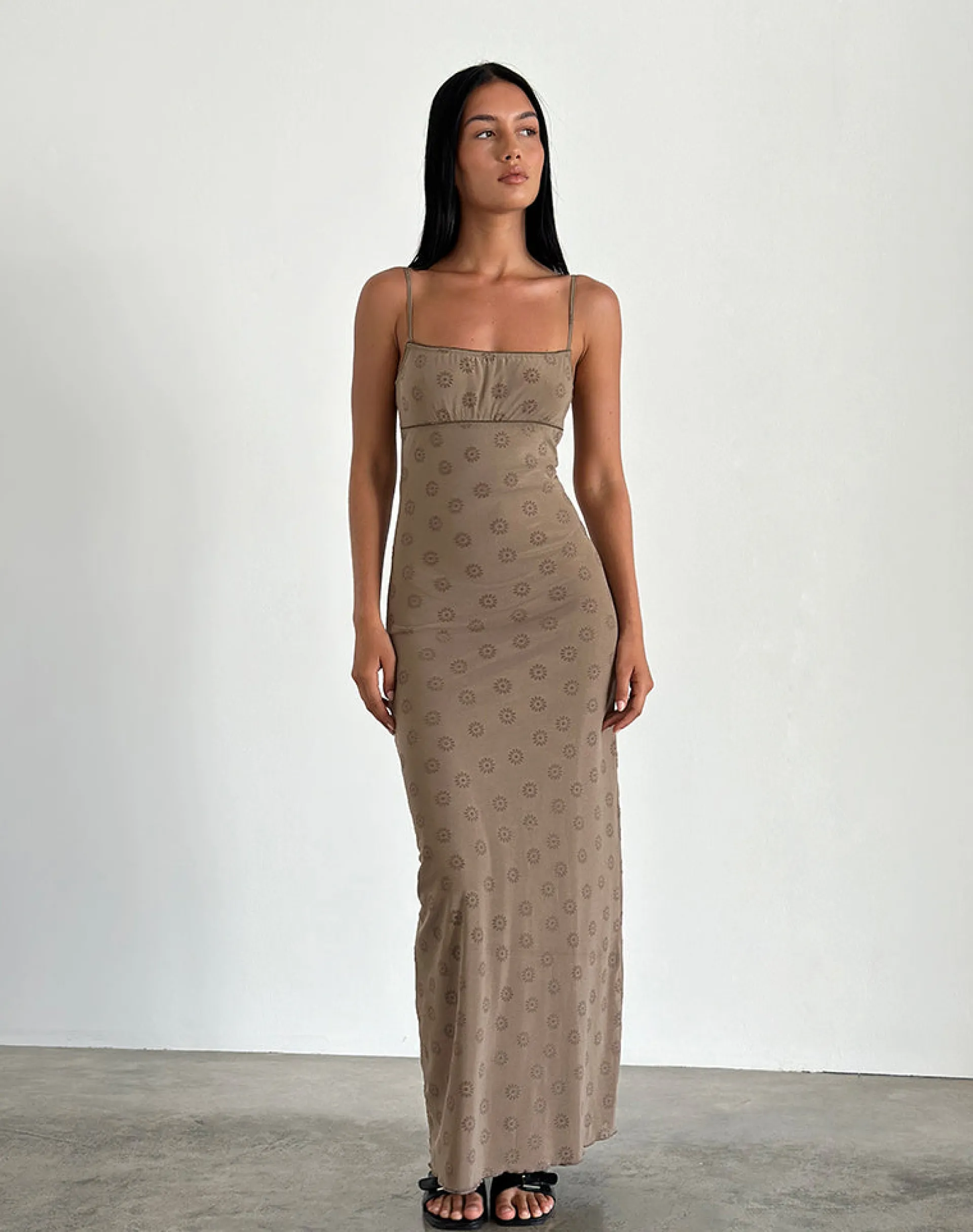 Motel Rocks Printed Dresses | Bodycon Dresses-Darsih Maxi Dress in Daisy Flock Light Brown daisyflocklightbrown
