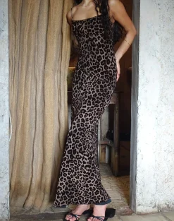 Motel Rocks Printed Dresses | Bodycon Dresses-Darsih Maxi Dress in Flocked Rar Leopard FlockedRarLeopard