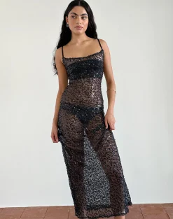 Motel Rocks Little Black Dresses | Party Dresses-Darsih Maxi Dress in Sequin Mesh Black SequinMeshBlack